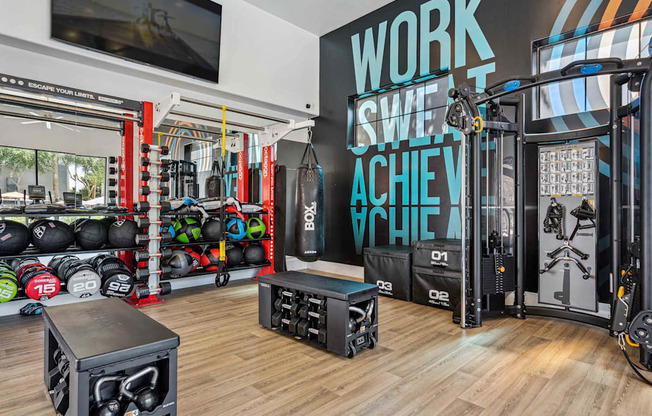 A gym with a variety of equipment including a squat rack, bench, and weights. at Lazo Apartment Homes, Arizona