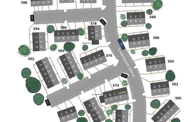 A map of the Limewood Apartments with a compass rose in the upper left corner.