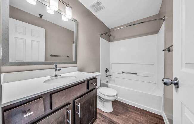 a bathroom with a sink and a toilet and a bath tub