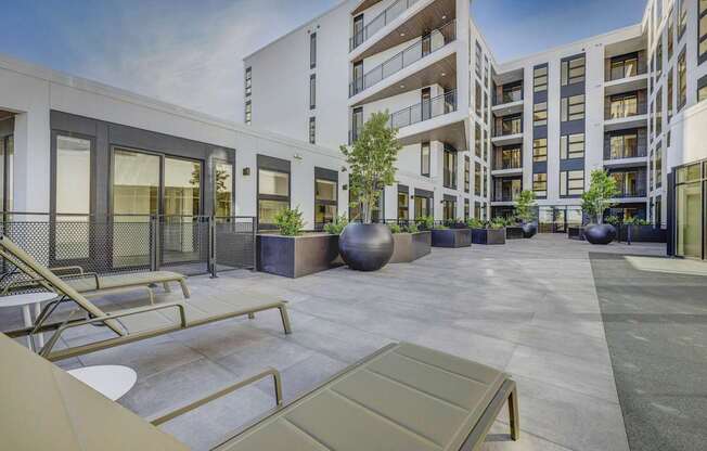 A modern courtyard with a bench and a tree in front of apartment buildings.