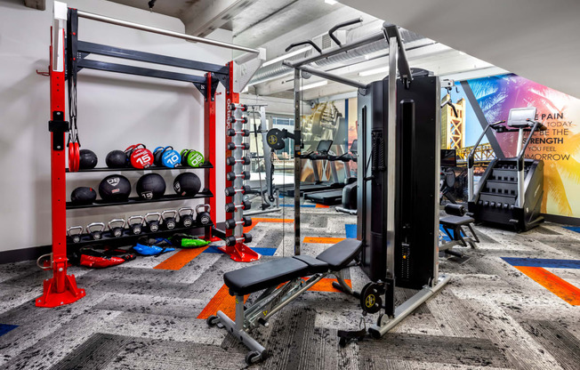 a home gym with weights and equipment and a wall with a mural