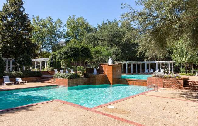 Multi-level swimming pool and shaded pavilion at Regency Gates in Mobile, AL