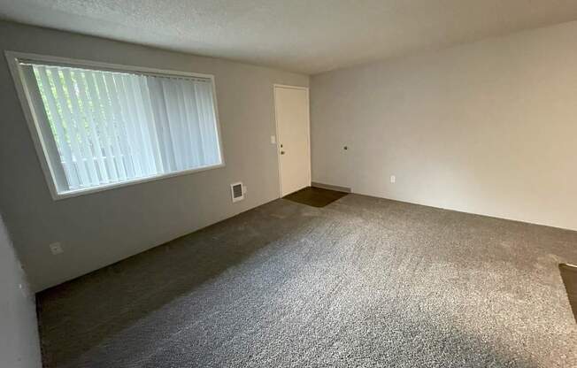 A room with a carpeted floor, a window with blinds, and a door.