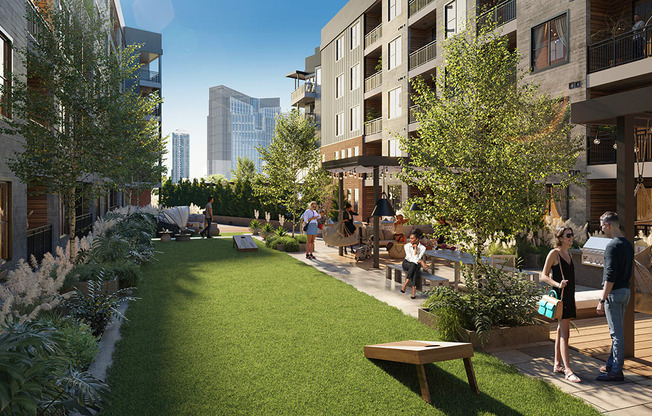 a rendering of a garden in a building with people standing around it