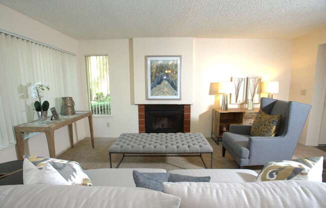 Delta Pointe model living room and fireplace