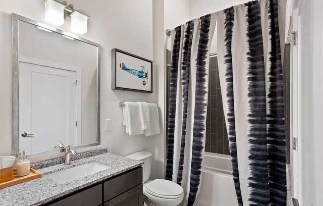 a bathroom with a shower toilet and sink and a mirror