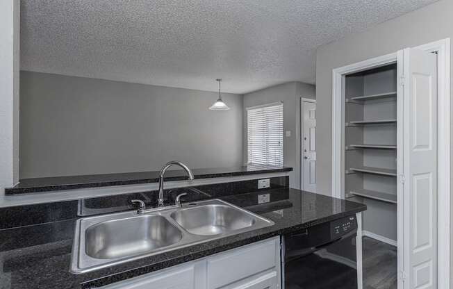 A kitchen with a sink and a counter.