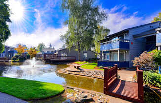 a pond in front of a house with a fountain