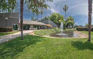 A fountain in front of the leasing office and palm trees
