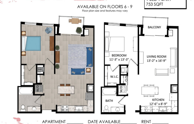 1 bed, 1 bath, 753 sqft, $2,015, Unit 615