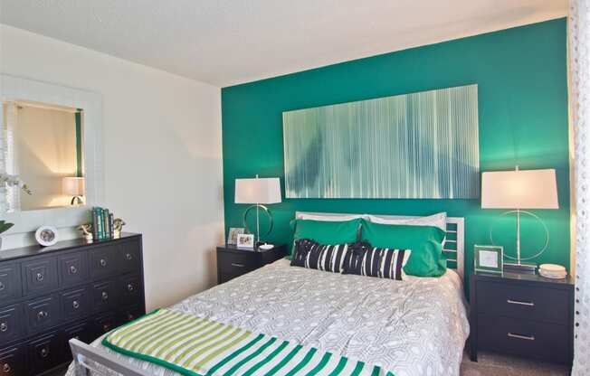 Model bedroom at Lakecrest Apartments, PRG Real Estate Management, Greenville, 29615