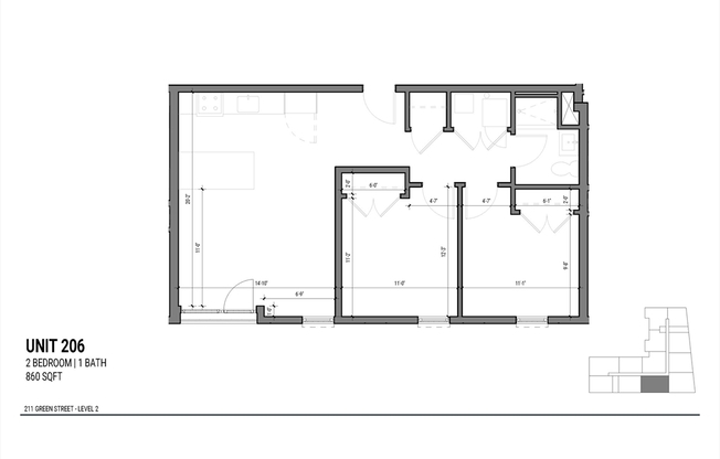 2 beds, 1 bath, 860 sqft, $3,600, Unit 206