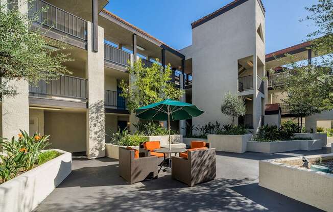 Courtyard with seating area and view of building