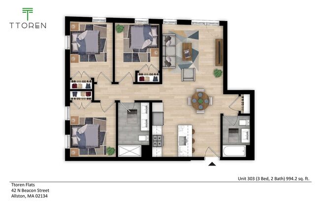 3 beds, 2 baths, 994 sqft, $3,600, Unit 303