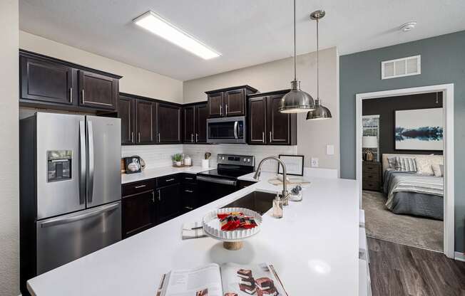 interior model kitchen with stainless steel appliances