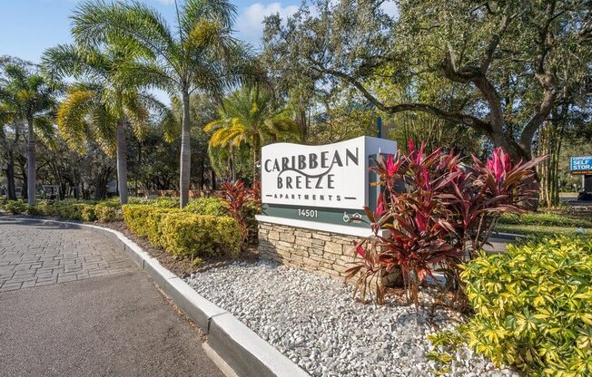 Monument Sign and Landscaping at Caribbean Breeze Apartments in Tampa, FL.