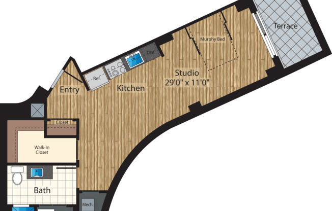 Studio, 1 bath, 615 sqft, $1,955, Unit 105