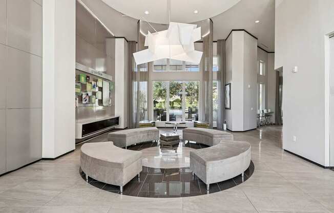 Lobby area with couches at GreenVue apartments in Richardson, TX