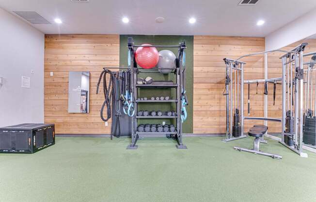 A gym with a green floor and wooden walls.