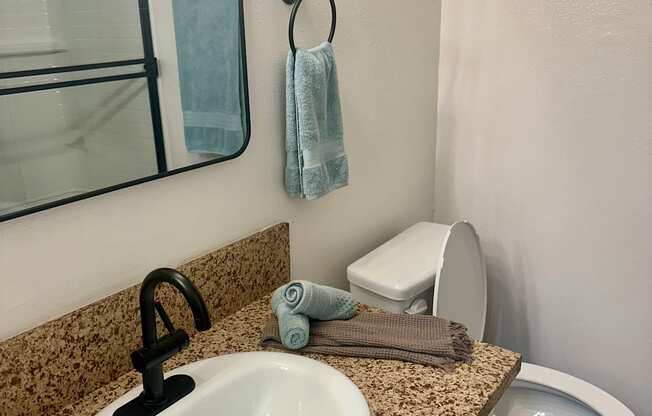 A bathroom with a sink, toilet, and mirror at Willow Tree Apartments, California, 90505