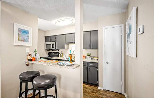 open-concept kitchen with bar at 701 South Apartments in Mobile, AL