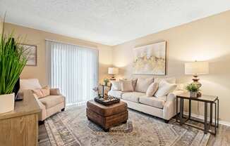 A living room with a couch, a coffee table, and a potted plant.