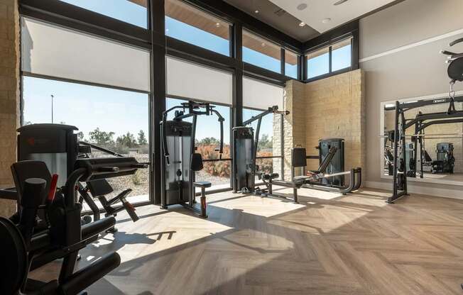 A gym with a row of treadmills and a row of weight machines.