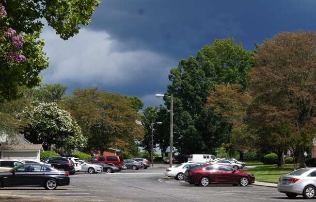 a parking lot with cars parked in it