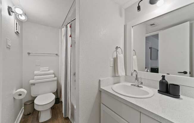 a bathroom with a toilet sink and a mirror at Lakeside Apartments, Dallas, TX, 75231