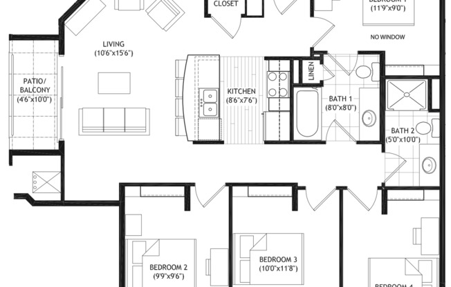 4 beds, 2 baths, 1,116 sqft, $5,275, Unit 206