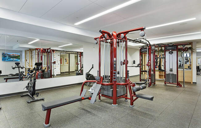 A gym with a variety of equipment including a squat rack and a bench.