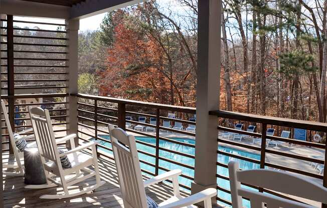 The Crest at Berkeley Lake view of pool from clubhouse backdeck located in Duluth, GA