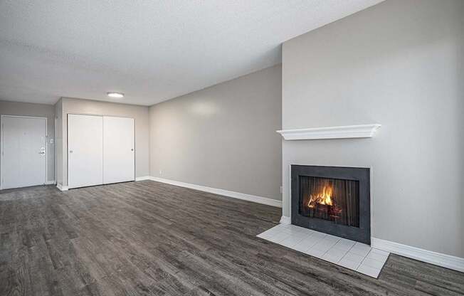 A modern living room with a fireplace and wood flooring.
