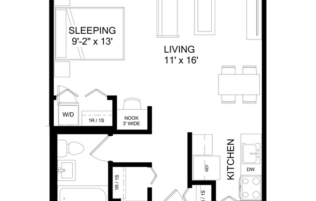 Studio, 1 bath, 530 sqft, $1,072, Unit 502