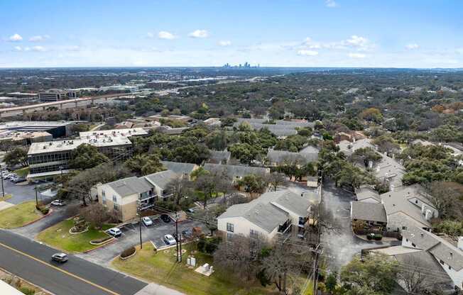 A view of a town from a high vantage point.