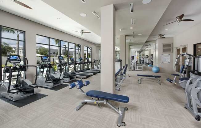 a gym with cardio machines and weights in aria on the avenue apartments