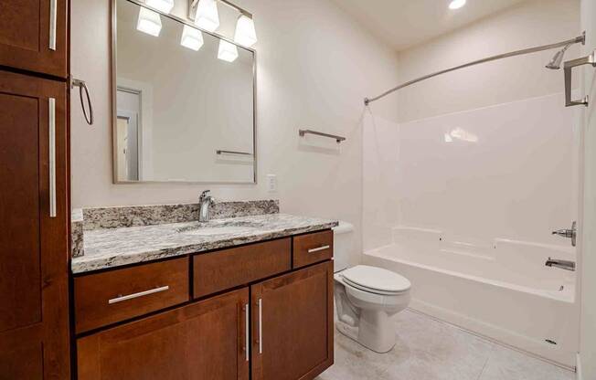 A bathroom with a marble countertop and a walk-in shower.