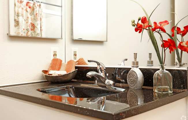 a black counter top in a bathroom with a sink