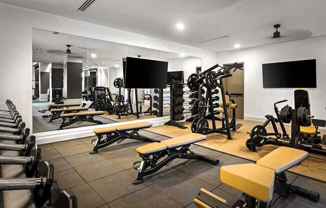 A gym with a variety of equipment including dumbbells, weight machines, and benches.