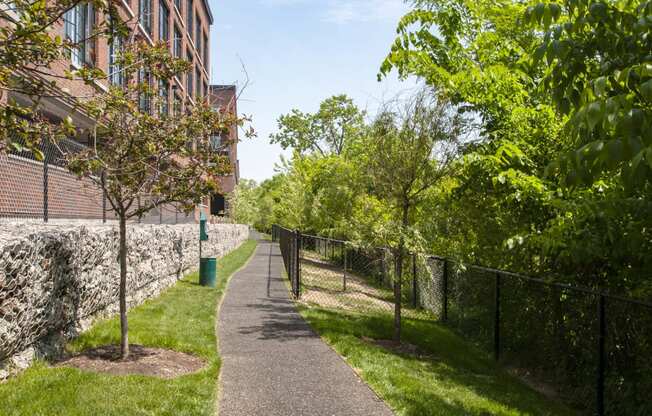 a path with trees and a building on the side