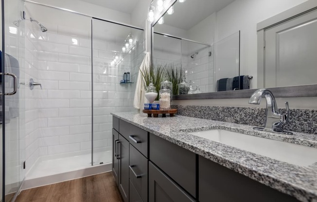 a bathroom with a sink and a shower