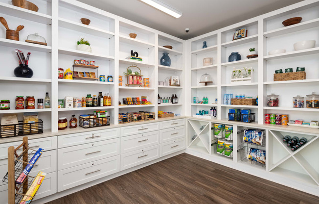 a large white pantry with shelves and drawers