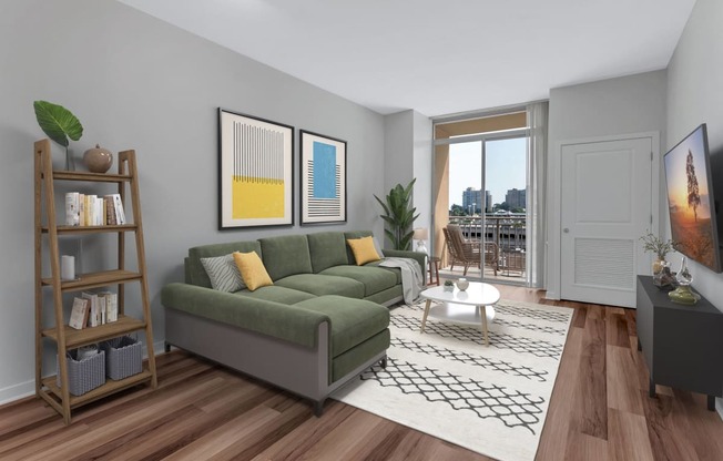 an image of a living room with a green couch
