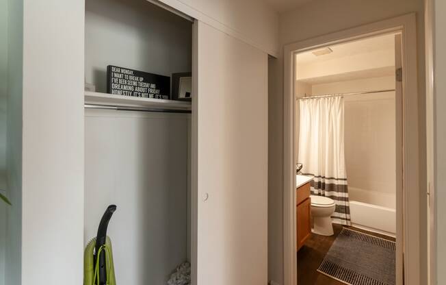 This is a picture of the hall storage/linen closet in the 850 square foot, 1 bedroom, 1 bath apartment at Fairfield Pointe Apartments in Fairfield, Ohio.