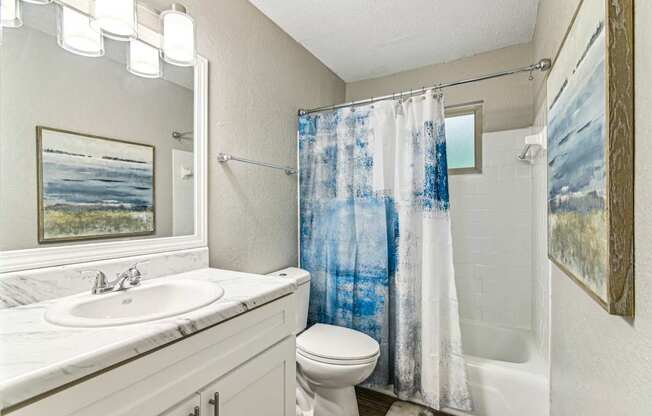 A bathroom with a white toilet, sink, and shower curtain.
