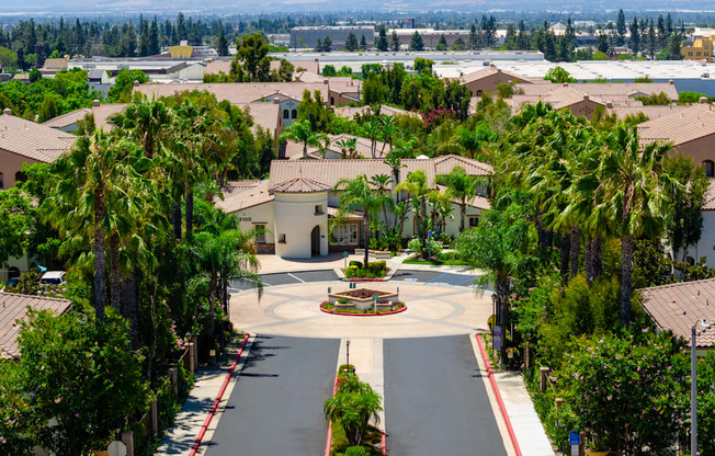 A view of a residential area with houses and palm trees.