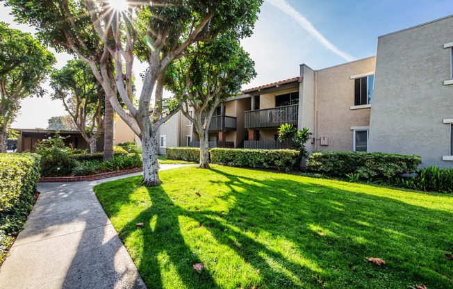 an apartment building with grass and trees and a sidewalk