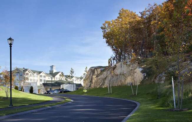 A street with a lamp post and a house in the background.