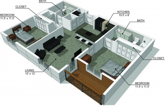2 beds, 2 baths, 1,006 sqft, $1,490