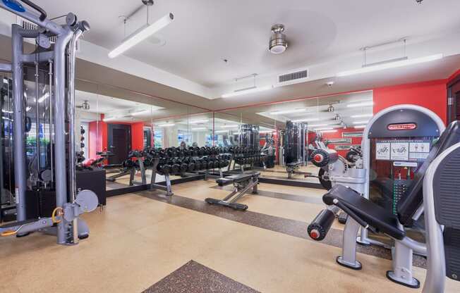 a gym with weights and cardio machines and a red wall